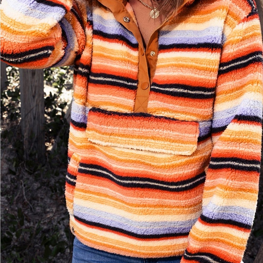 Contrast Striped Half Snap Long Sleeve Sweatshirt